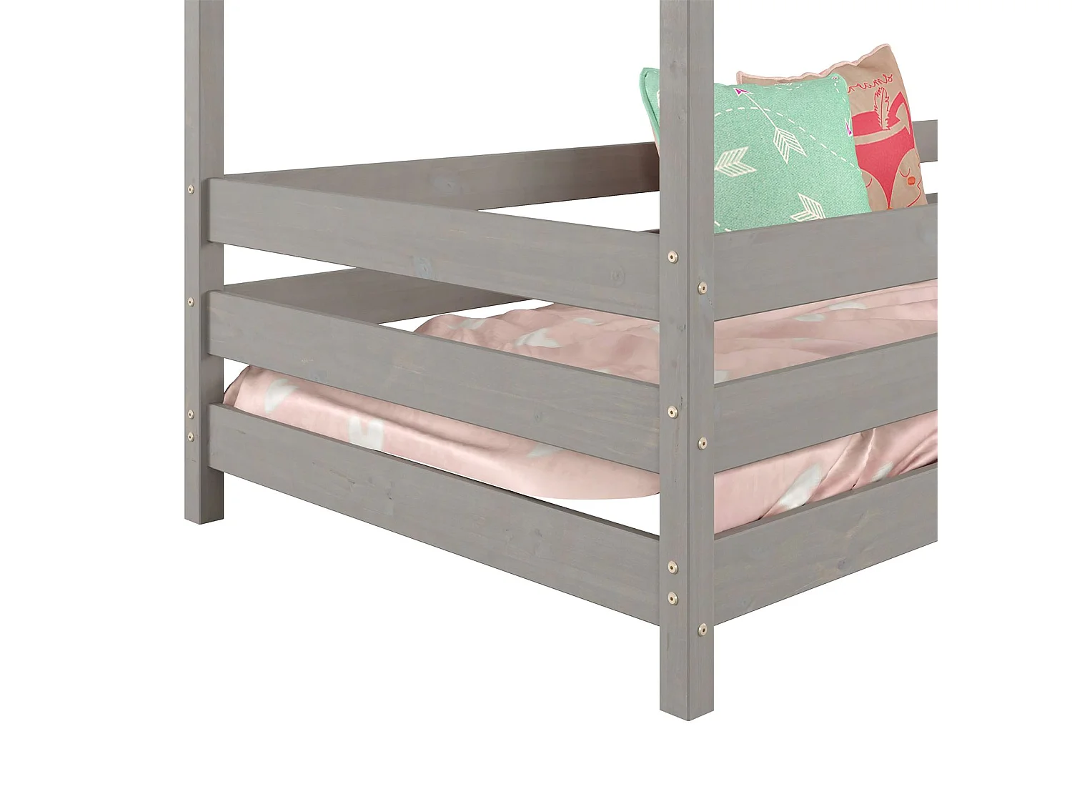 Lit cabane RENA lit simple montessori pour enfant 90 x 200 cm, avec barrières de protection, en pin massif lasuré gris