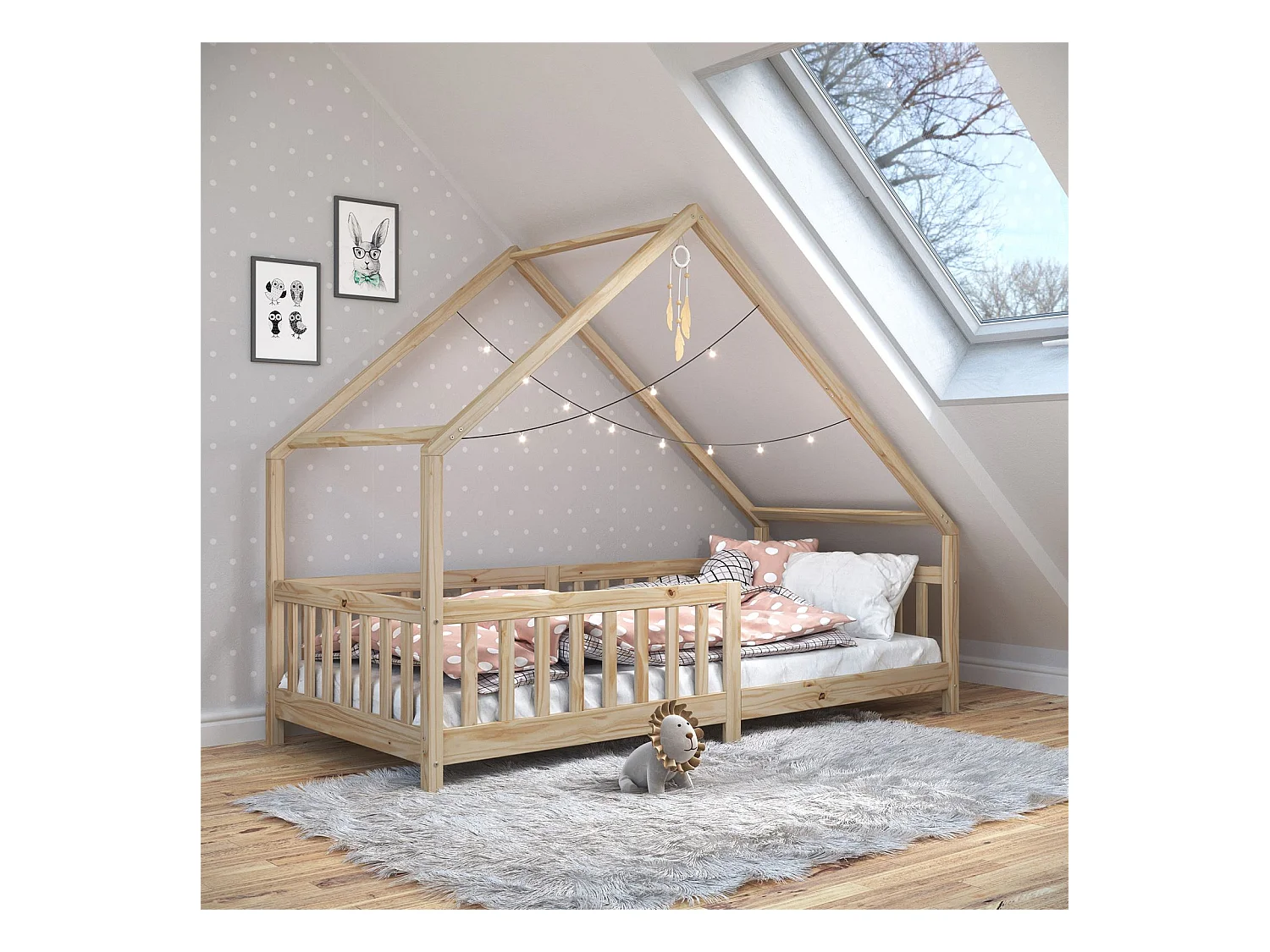 Lit cabane CORA lit enfant simple montessori asymétrique en bois 90 x 200 cm en pin massif à la finition naturelle