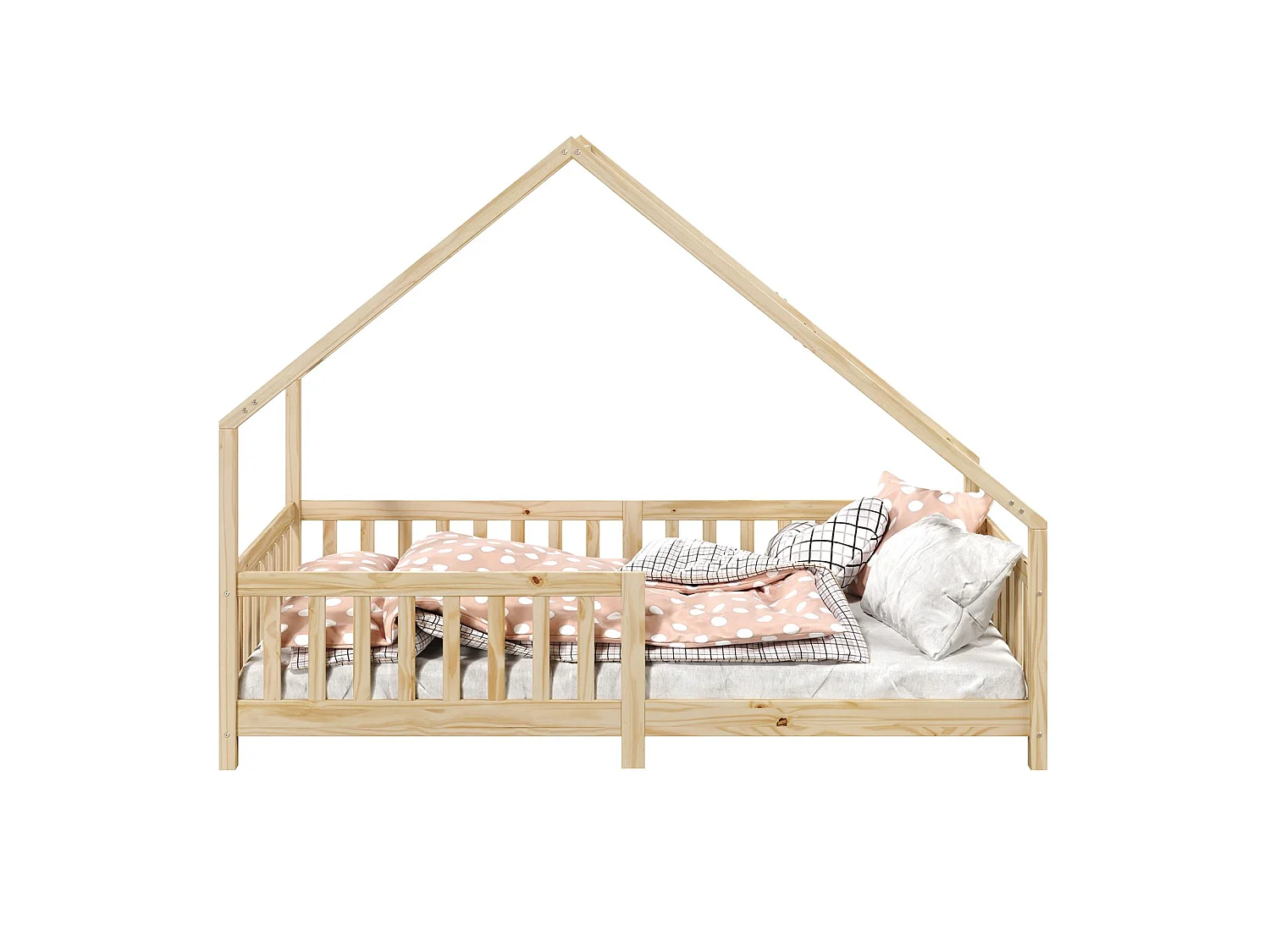 Lit cabane CORA lit enfant simple montessori asymétrique en bois 90 x 200 cm en pin massif à la finition naturelle