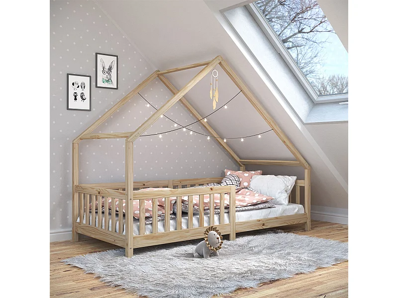 Lit cabane CORA lit enfant simple montessori asymétrique en bois 90 x 200 cm en pin massif à la finition naturelle