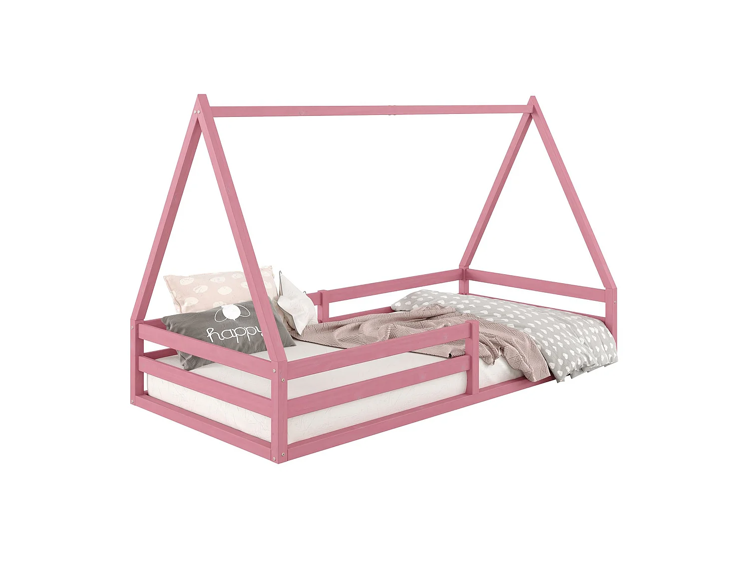Lit cabane SILA 90x200 cm, lit simple enfant 1 place type Montessori, en pin massif rose