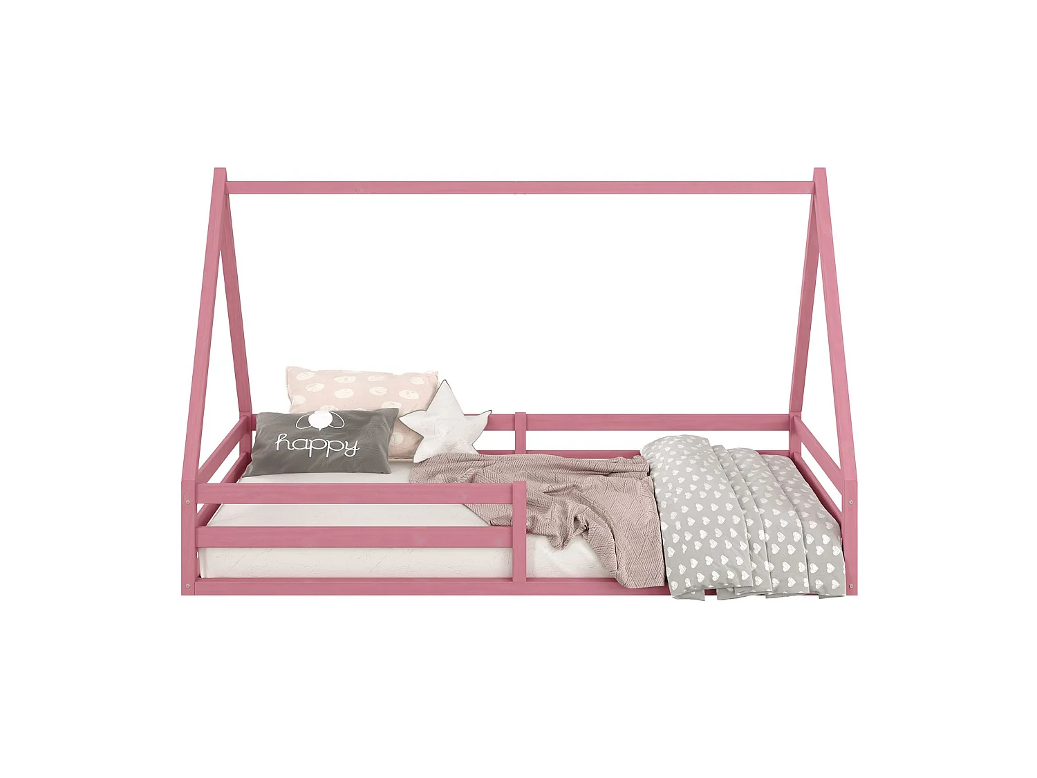 Lit cabane SILA 90x200 cm, lit simple enfant 1 place type Montessori, en pin massif rose