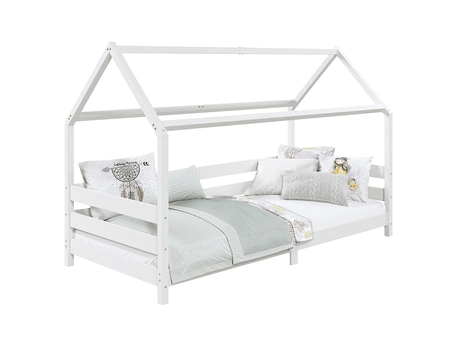 Lit cabane FINA lit simple pour enfant montessori 90 x 200 cm, avec barrières de protection sur 3 côtés, en pin massif lasuré blanc