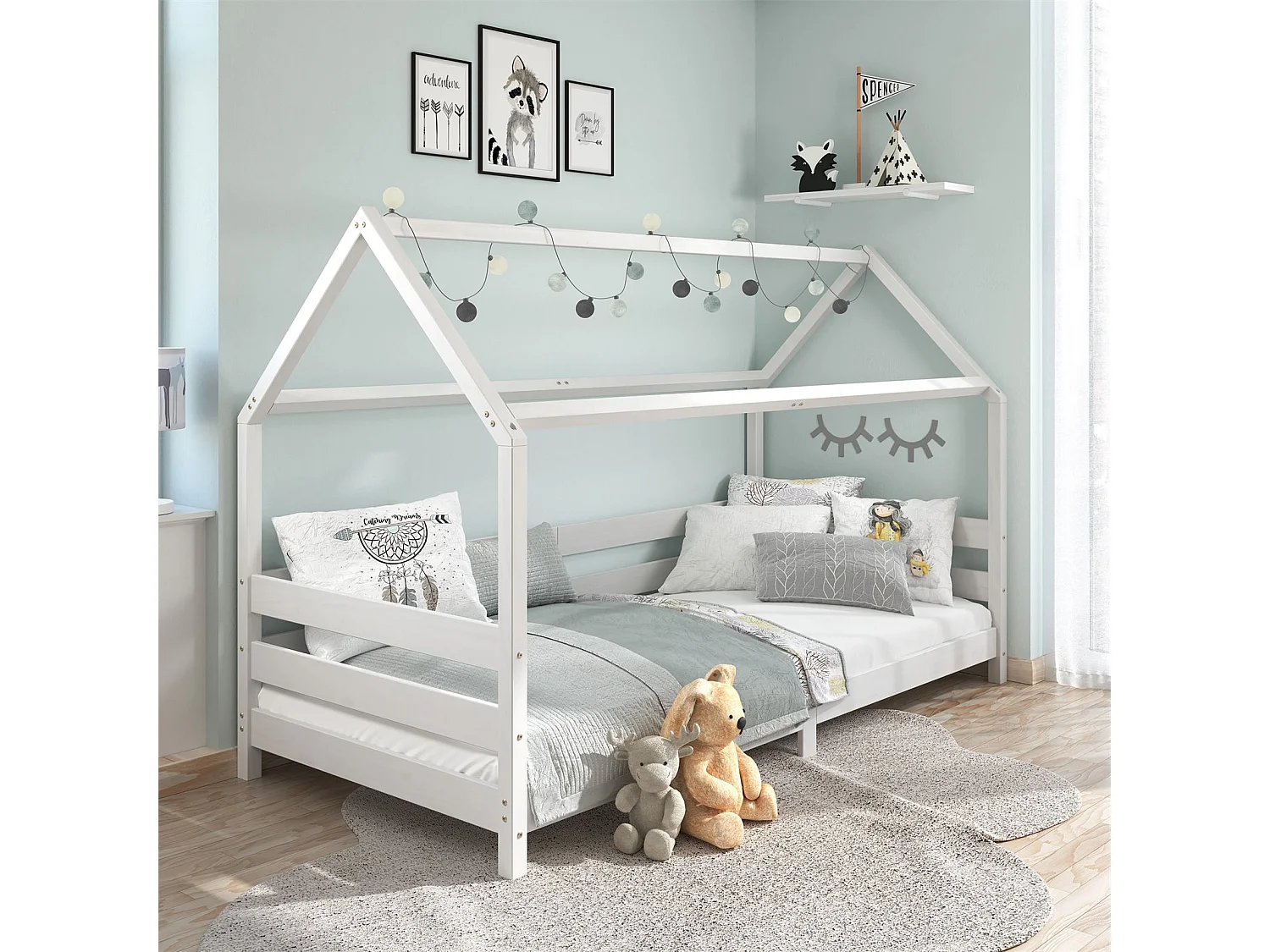 Lit cabane FINA lit simple pour enfant montessori 90 x 200 cm, avec barrières de protection sur 3 côtés, en pin massif lasuré blanc