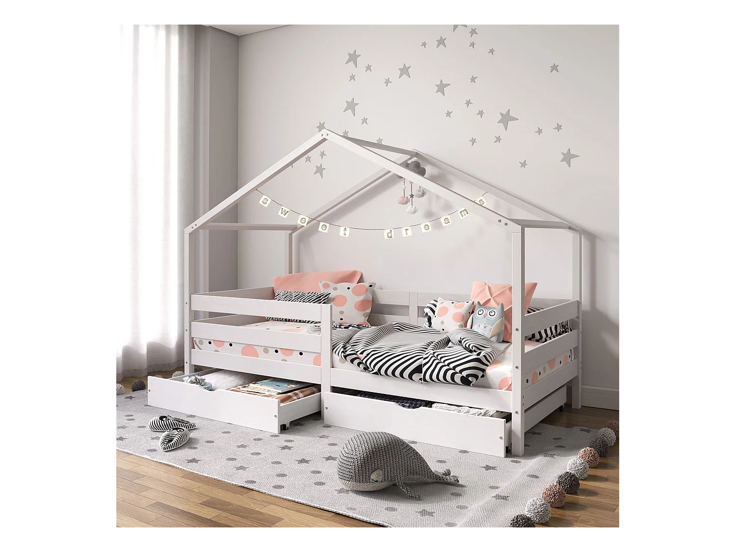 Lit cabane ENA lit enfant simple montessori 90 x 200 cm, avec 2 tiroirs de rangement, en pin massif lasuré blanc