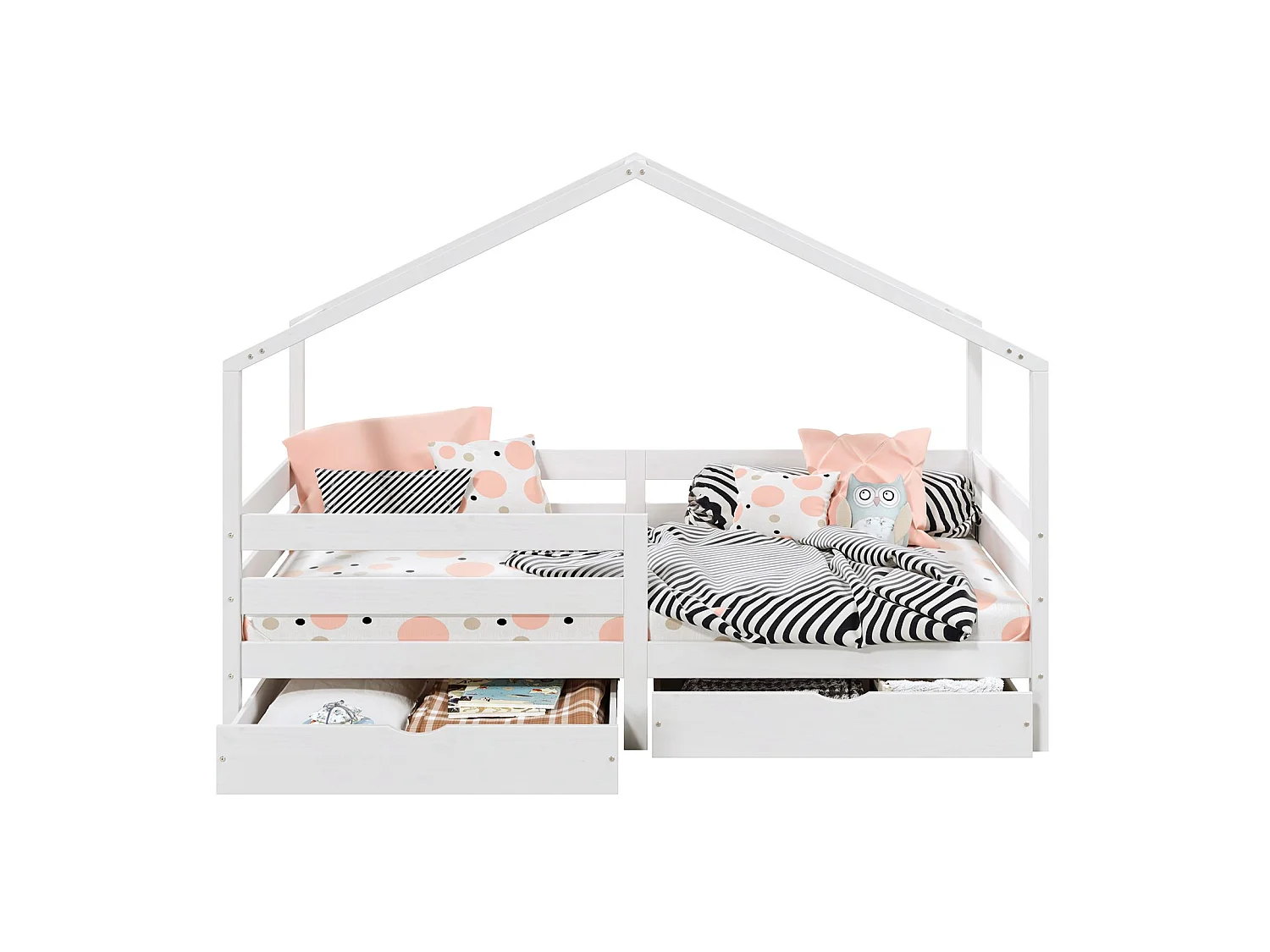 Lit cabane ENA lit enfant simple montessori 90 x 200 cm, avec 2 tiroirs de rangement, en pin massif lasuré blanc