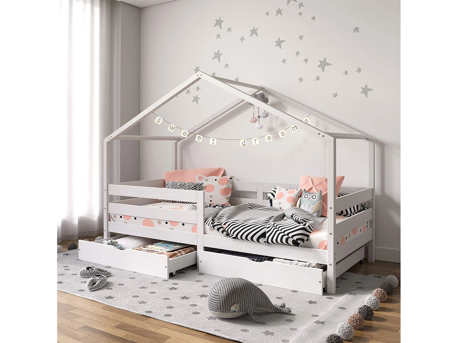 Lit cabane ENA lit enfant simple montessori 90 x 200 cm, avec 2 tiroirs de rangement, en pin massif lasuré blanc