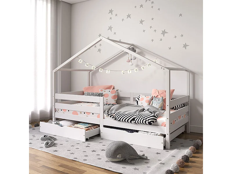 Lit cabane ENA lit enfant simple montessori 90 x 200 cm, avec 2 tiroirs de rangement, en pin massif lasuré blanc
