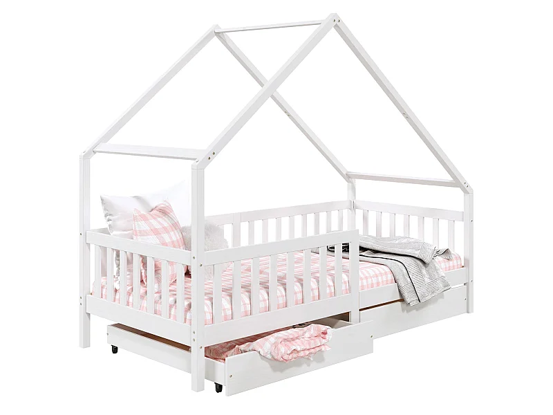 Lit cabane ALVA lit enfant simple asymétrique en bois 90 x 200 cm montessori, avec rangement 2 tiroirs, en pin massif lasuré blanc