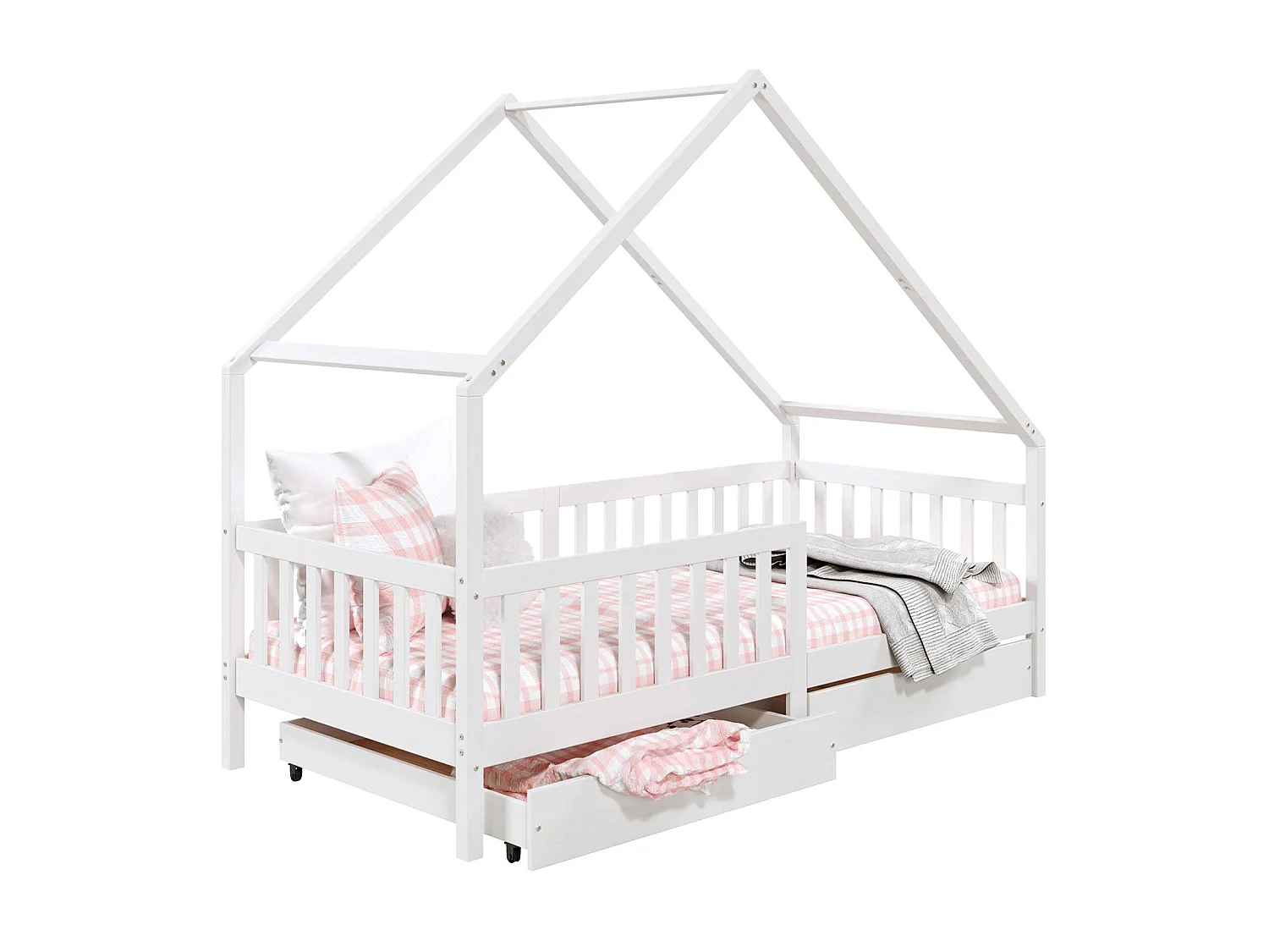 Lit cabane ALVA lit enfant simple asymétrique en bois 90 x 200 cm montessori, avec rangement 2 tiroirs, en pin massif lasuré blanc