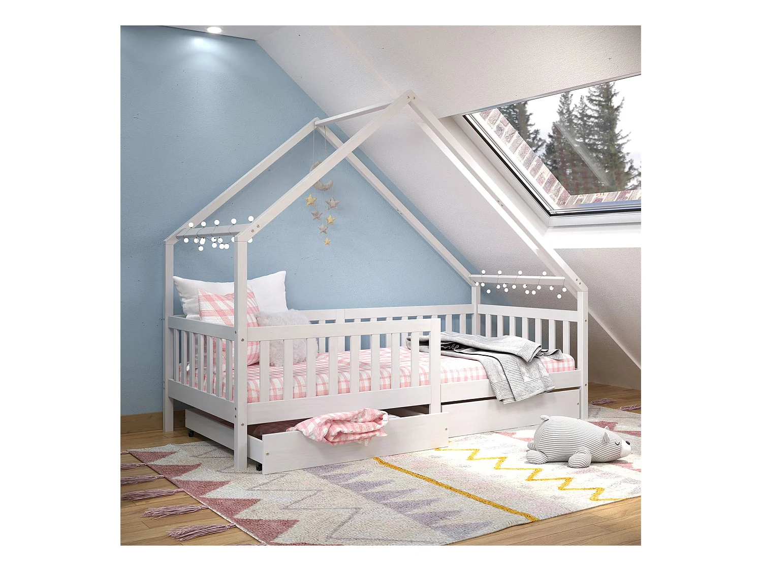 Lit cabane ALVA lit enfant simple asymétrique en bois 90 x 200 cm montessori, avec rangement 2 tiroirs, en pin massif lasuré blanc