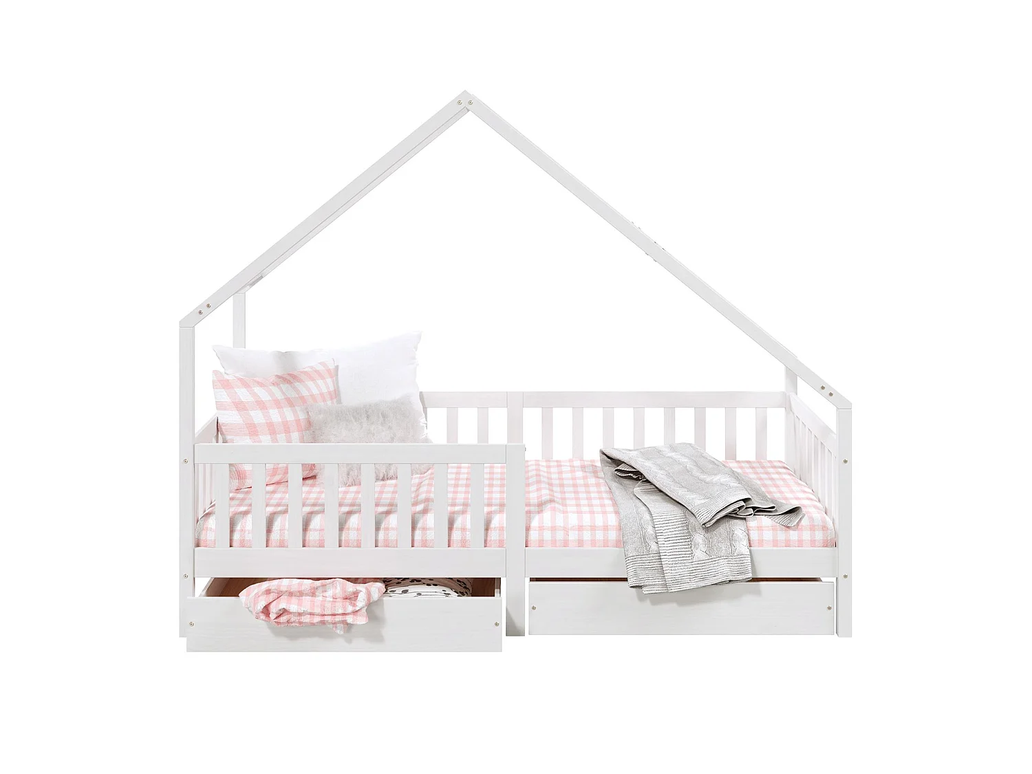 Lit cabane ALVA lit enfant simple asymétrique en bois 90 x 200 cm montessori, avec rangement 2 tiroirs, en pin massif lasuré blanc