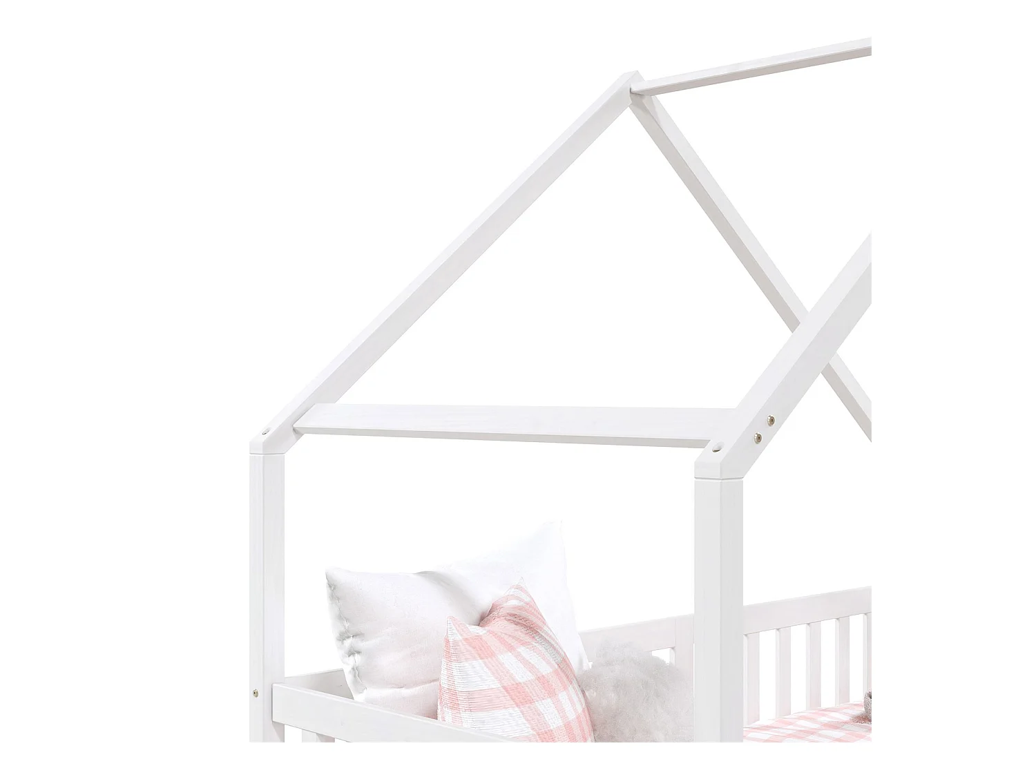 Lit cabane ALVA lit enfant simple asymétrique en bois 90 x 200 cm montessori, avec rangement 2 tiroirs, en pin massif lasuré blanc