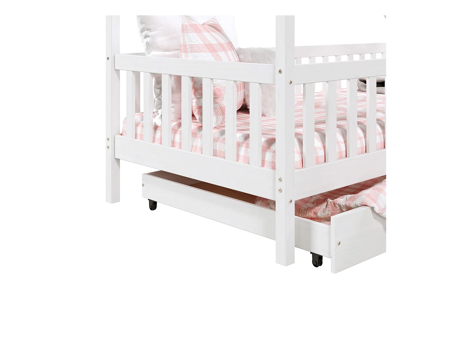 Lit cabane ALVA lit enfant simple asymétrique en bois 90 x 200 cm montessori, avec rangement 2 tiroirs, en pin massif lasuré blanc