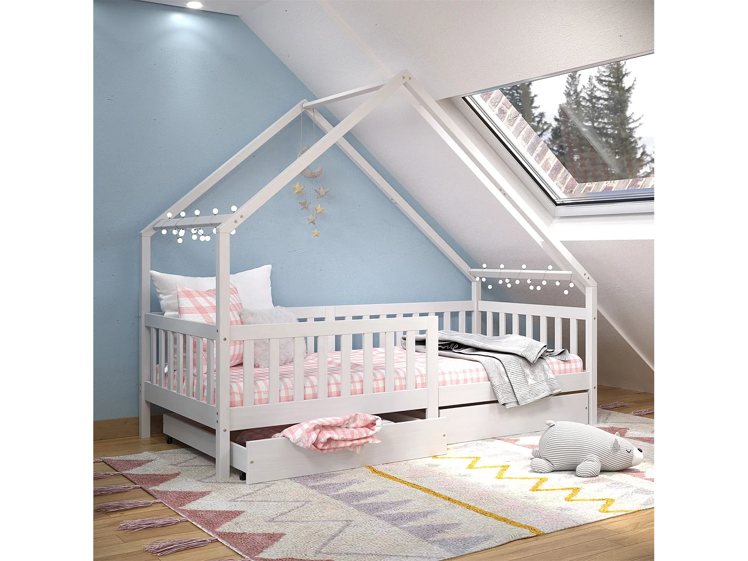 Lit cabane ALVA lit enfant simple asymétrique en bois 90 x 200 cm montessori, avec rangement 2 tiroirs, en pin massif lasuré blanc