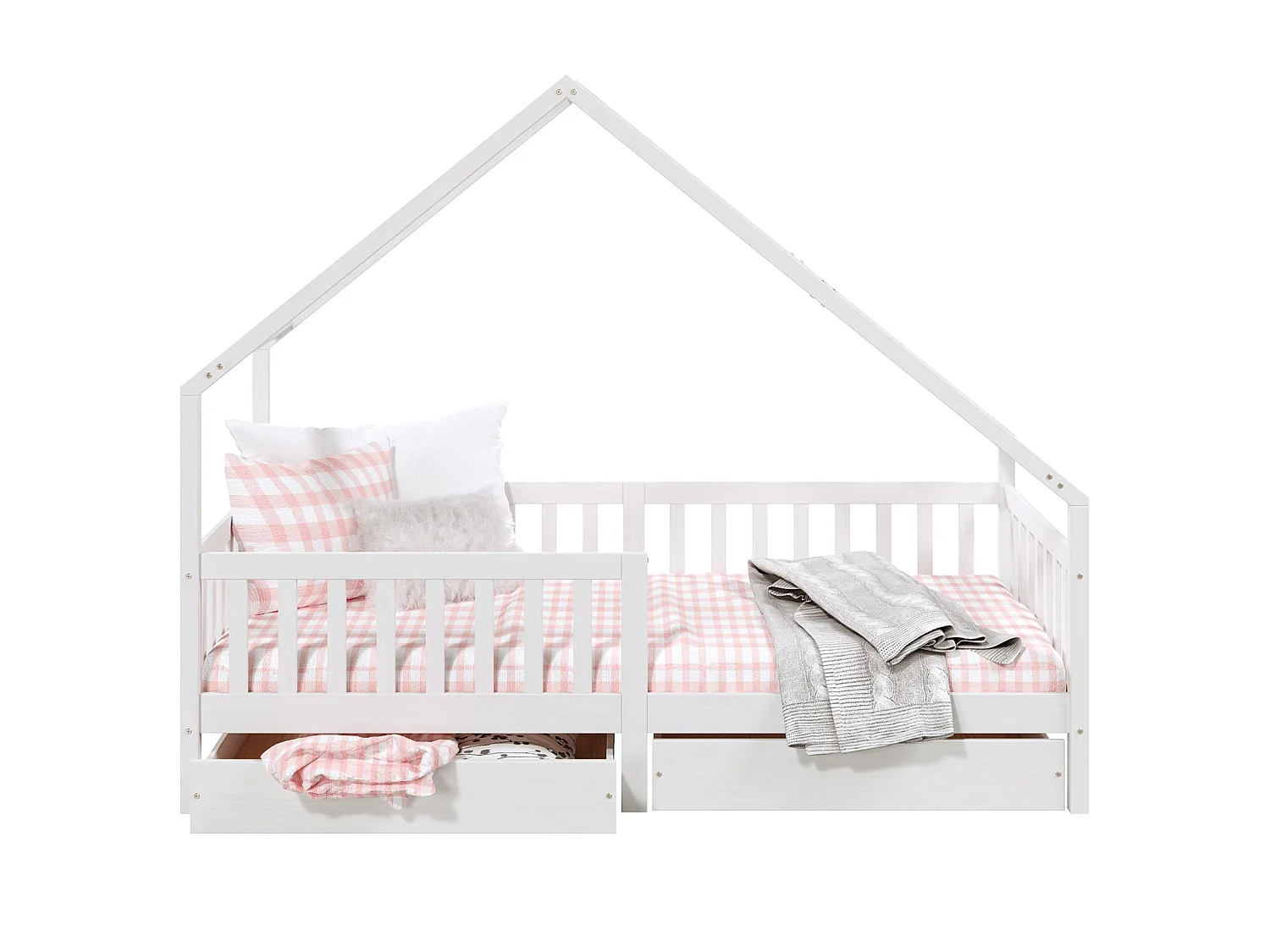 Lit cabane ALVA lit enfant simple asymétrique en bois 90 x 200 cm montessori, avec rangement 2 tiroirs, en pin massif lasuré blanc