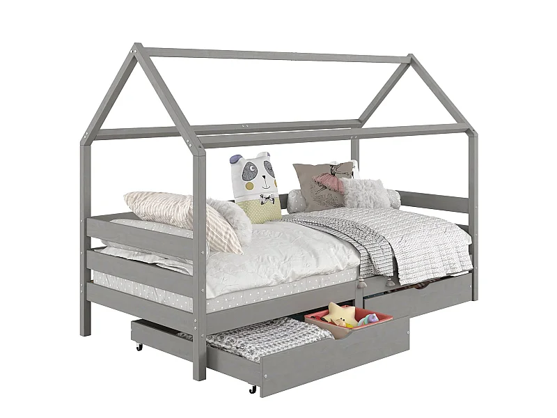 Lit cabane CLIA lit simple pour enfant montessori 90 x 200 cm avec rangement 2 tiroirs et barrières sur 3 côtés, pin massif gris