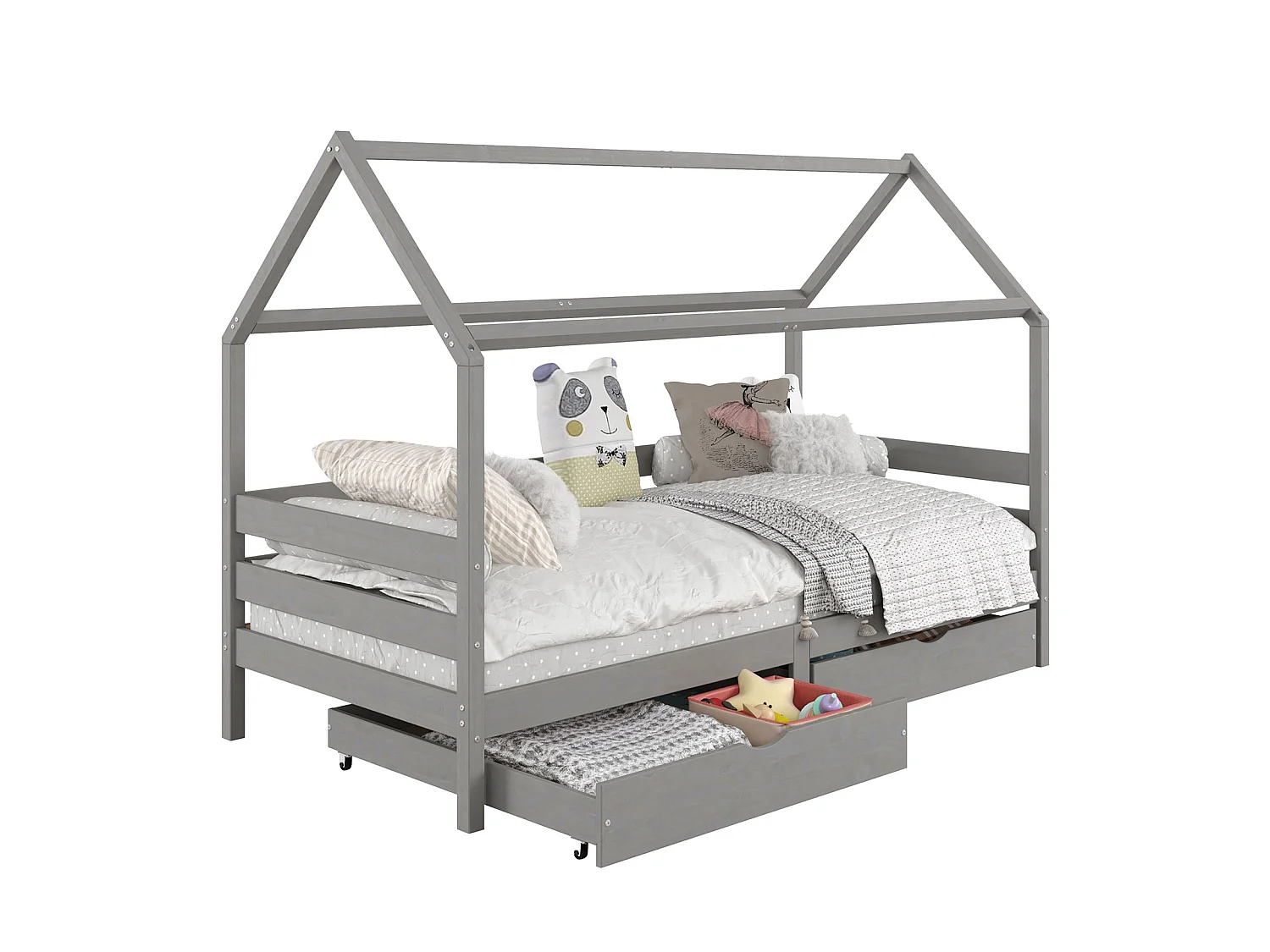 Lit cabane CLIA lit simple pour enfant montessori 90 x 200 cm avec rangement 2 tiroirs et barrières sur 3 côtés, pin massif gris