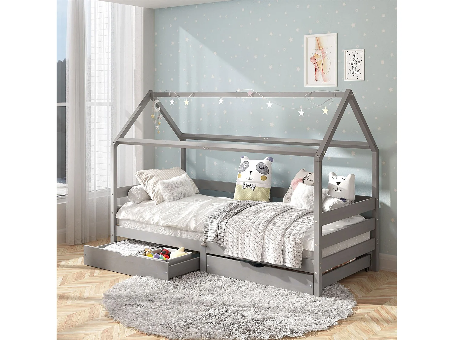 Lit cabane CLIA lit simple pour enfant montessori 90 x 200 cm avec rangement 2 tiroirs et barrières sur 3 côtés, pin massif gris