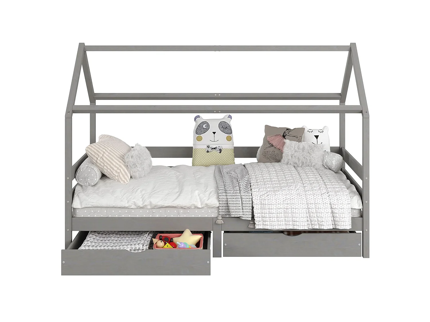 Lit cabane CLIA lit simple pour enfant montessori 90 x 200 cm avec rangement 2 tiroirs et barrières sur 3 côtés, pin massif gris