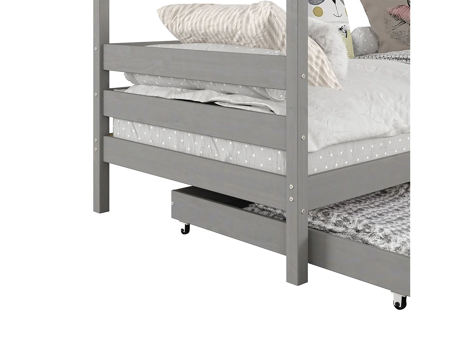 Lit cabane CLIA lit simple pour enfant montessori 90 x 200 cm avec rangement 2 tiroirs et barrières sur 3 côtés, pin massif gris