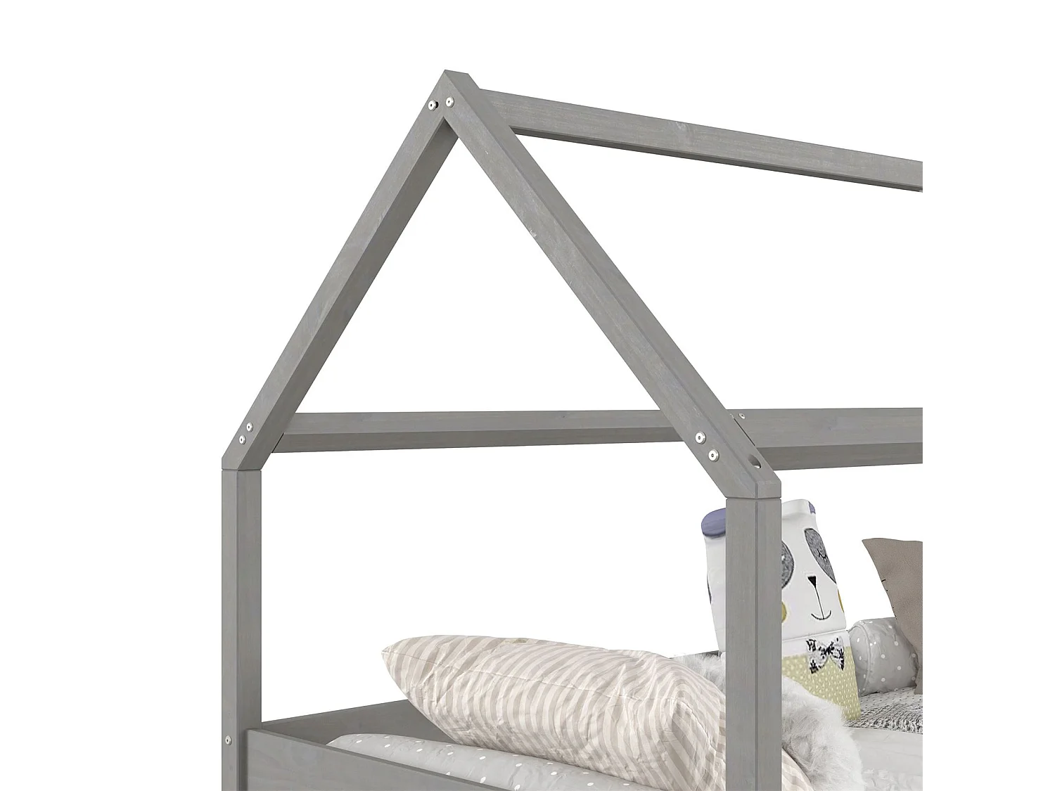 Lit cabane CLIA lit simple pour enfant montessori 90 x 200 cm avec rangement 2 tiroirs et barrières sur 3 côtés, pin massif gris