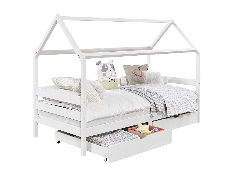 Lit cabane CLIA lit simple pour enfant montessori 90 x 200 cm avec rangement 2 tiroirs et barrières sur 3 côtés, pin massif blanc
