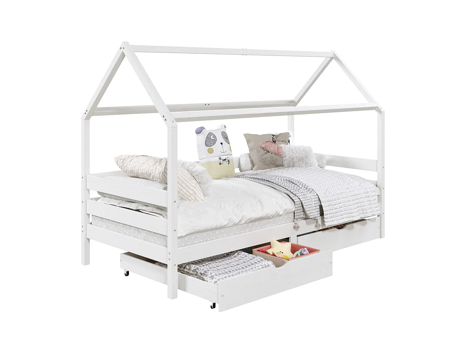 Lit cabane CLIA lit simple pour enfant montessori 90 x 200 cm avec rangement 2 tiroirs et barrières sur 3 côtés, pin massif blanc