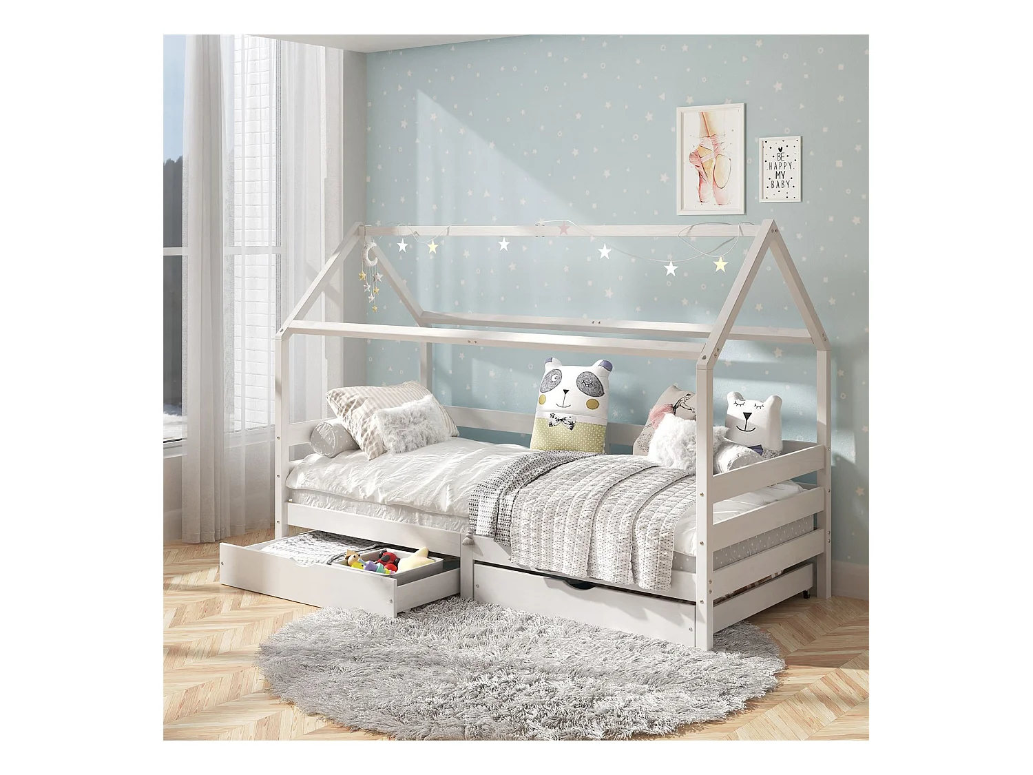 Lit cabane CLIA lit simple pour enfant montessori 90 x 200 cm avec rangement 2 tiroirs et barrières sur 3 côtés, pin massif blanc