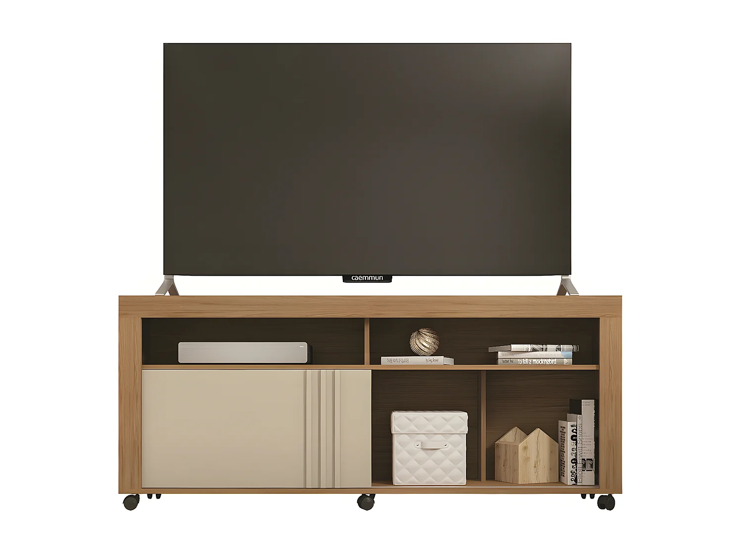 Meuble TV 65 Pouces Chêne Blanc 6 Niches Roulettes L 160 H 70 P 33.6 cm