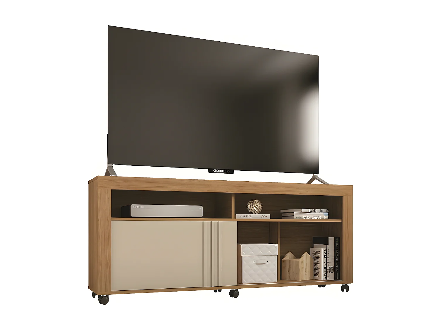 Meuble TV 65 Pouces Chêne Blanc 6 Niches Roulettes L 160 H 70 P 33.6 cm