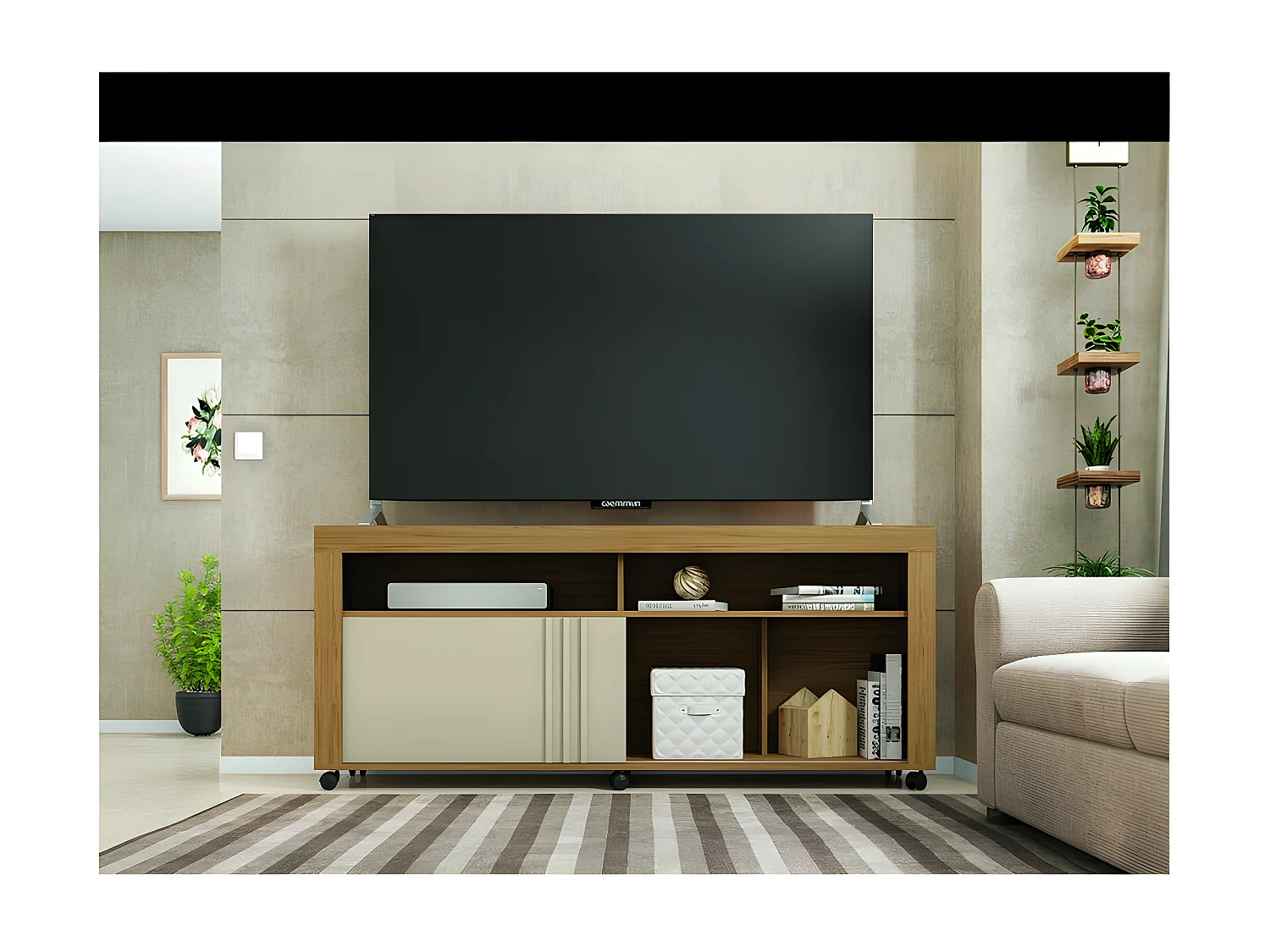 Meuble TV 65 Pouces Chêne Blanc 6 Niches Roulettes L 160 H 70 P 33.6 cm