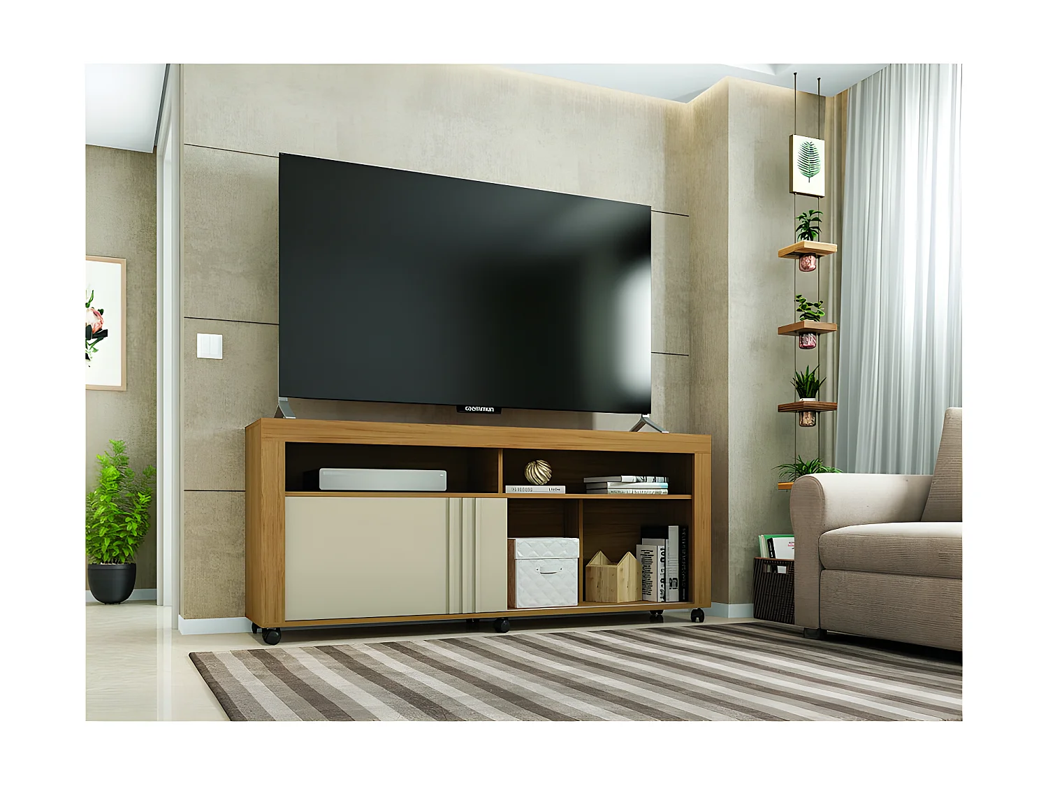 Meuble TV 65 Pouces Chêne Blanc 6 Niches Roulettes L 160 H 70 P 33.6 cm