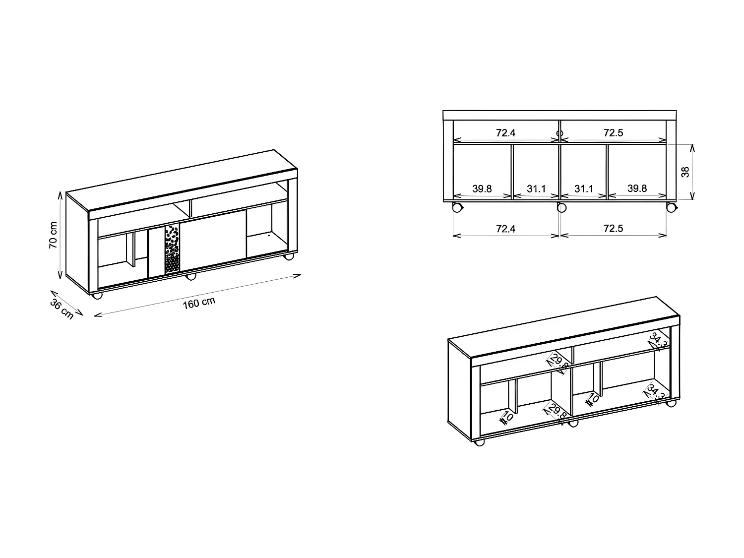 Meuble TV 65 Pouces Chêne Blanc 6 Niches Roulettes L 160 H 70 P 33.6 cm