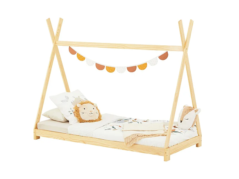 Lit tipi ELIN lit enfant simple en bois type montessori, 90 x 200 cm, en pin massif à la finition naturelle