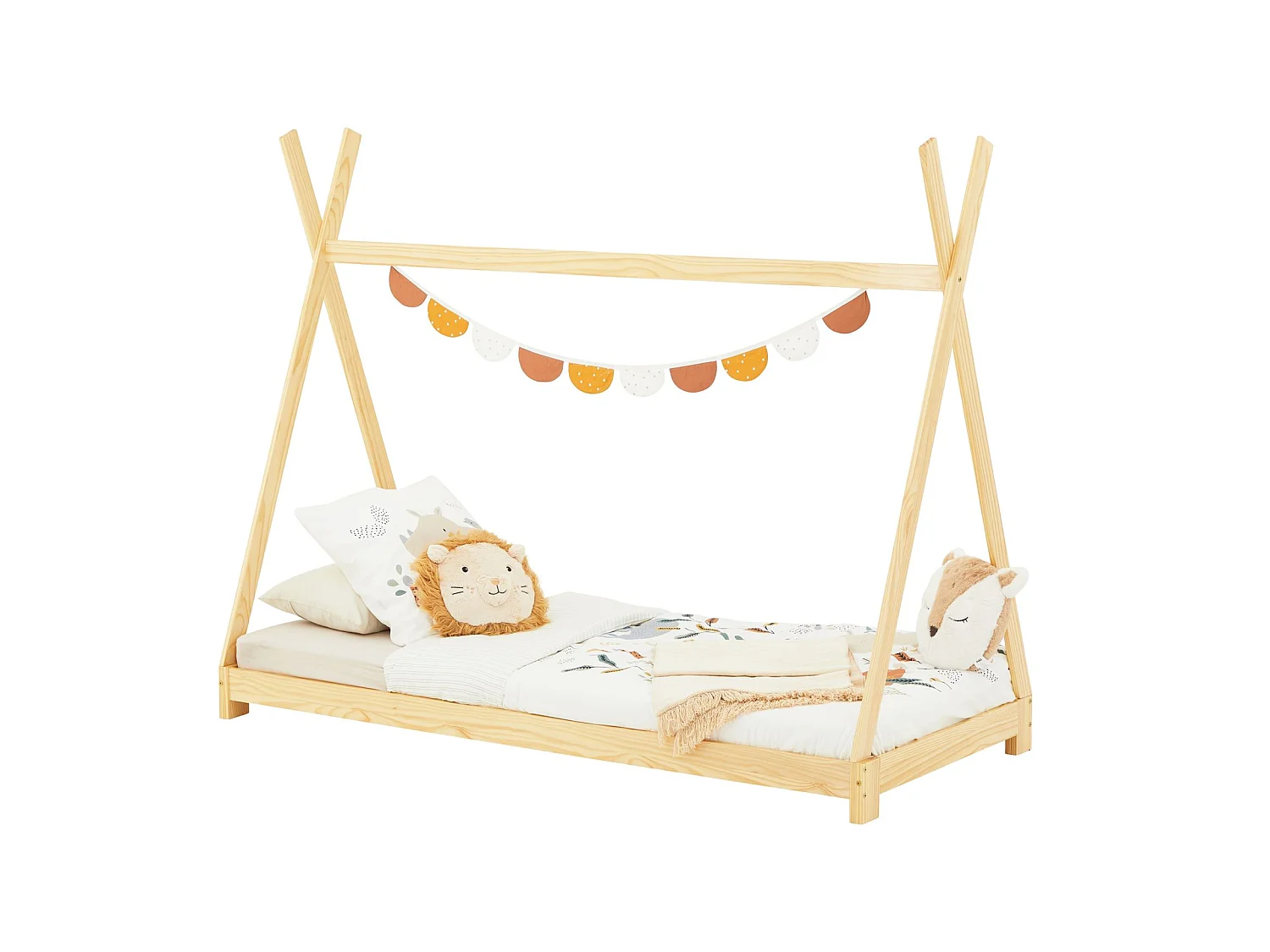 Lit tipi ELIN lit enfant simple en bois type montessori, 90 x 200 cm, en pin massif à la finition naturelle