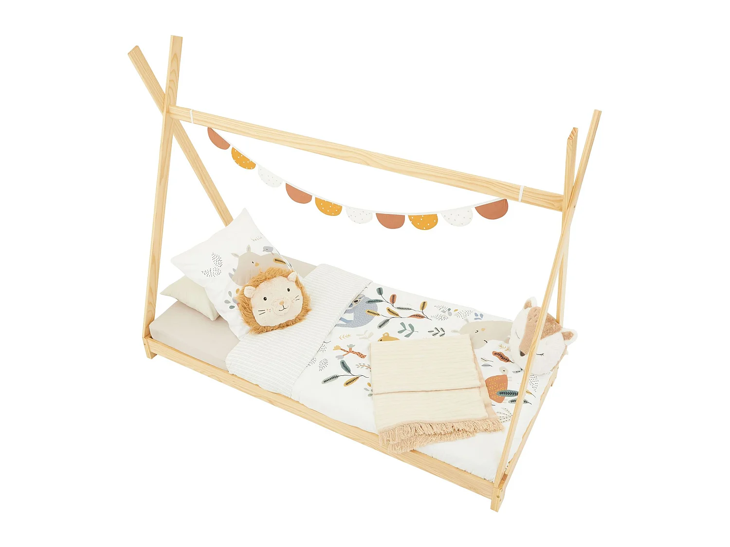 Lit tipi ELIN lit enfant simple en bois type montessori, 90 x 200 cm, en pin massif à la finition naturelle