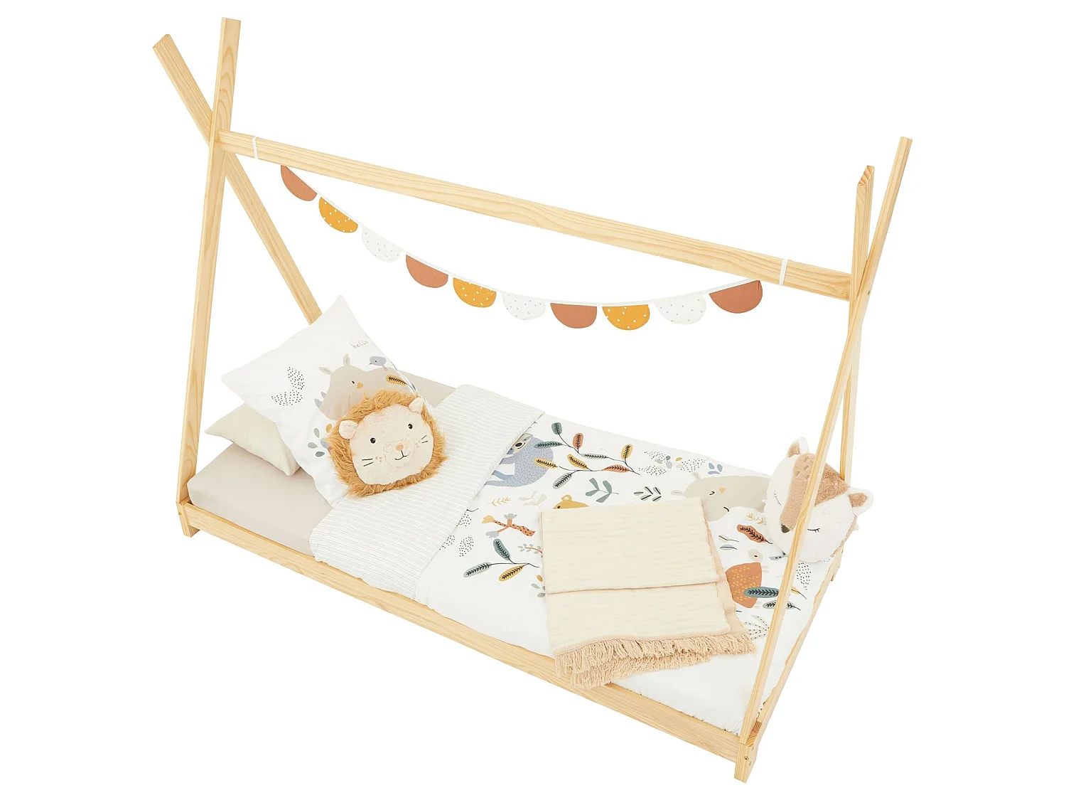 Lit tipi ELIN lit enfant simple en bois type montessori, 90 x 200 cm, en pin massif à la finition naturelle