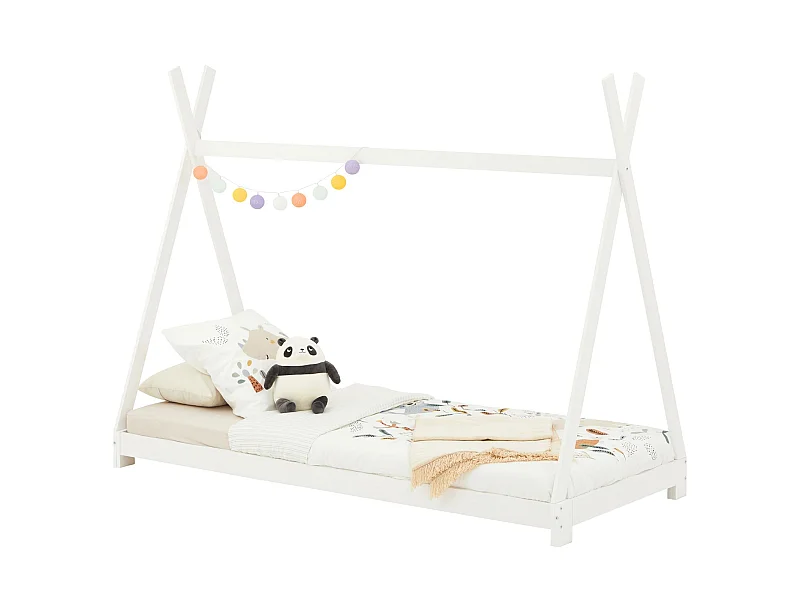 Lit tipi ELIN lit enfant simple en bois type montessori, 90 x 200 cm, en pin massif lasuré blanc