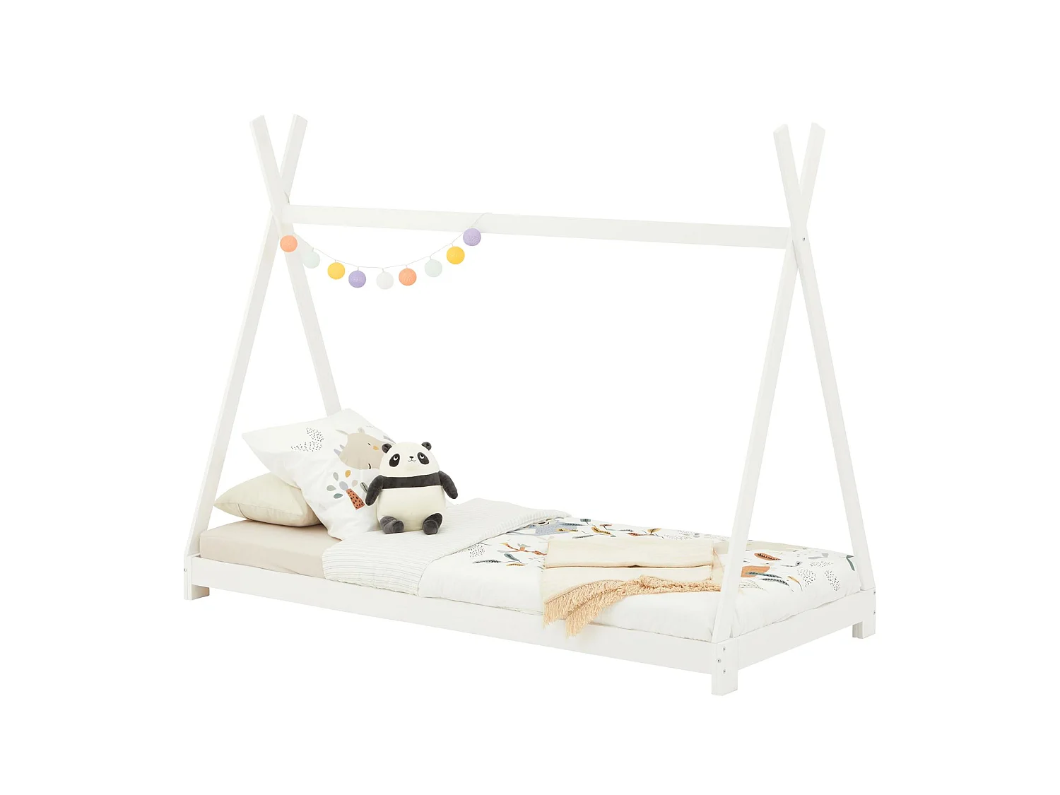 Lit tipi ELIN lit enfant simple en bois type montessori, 90 x 200 cm, en pin massif lasuré blanc
