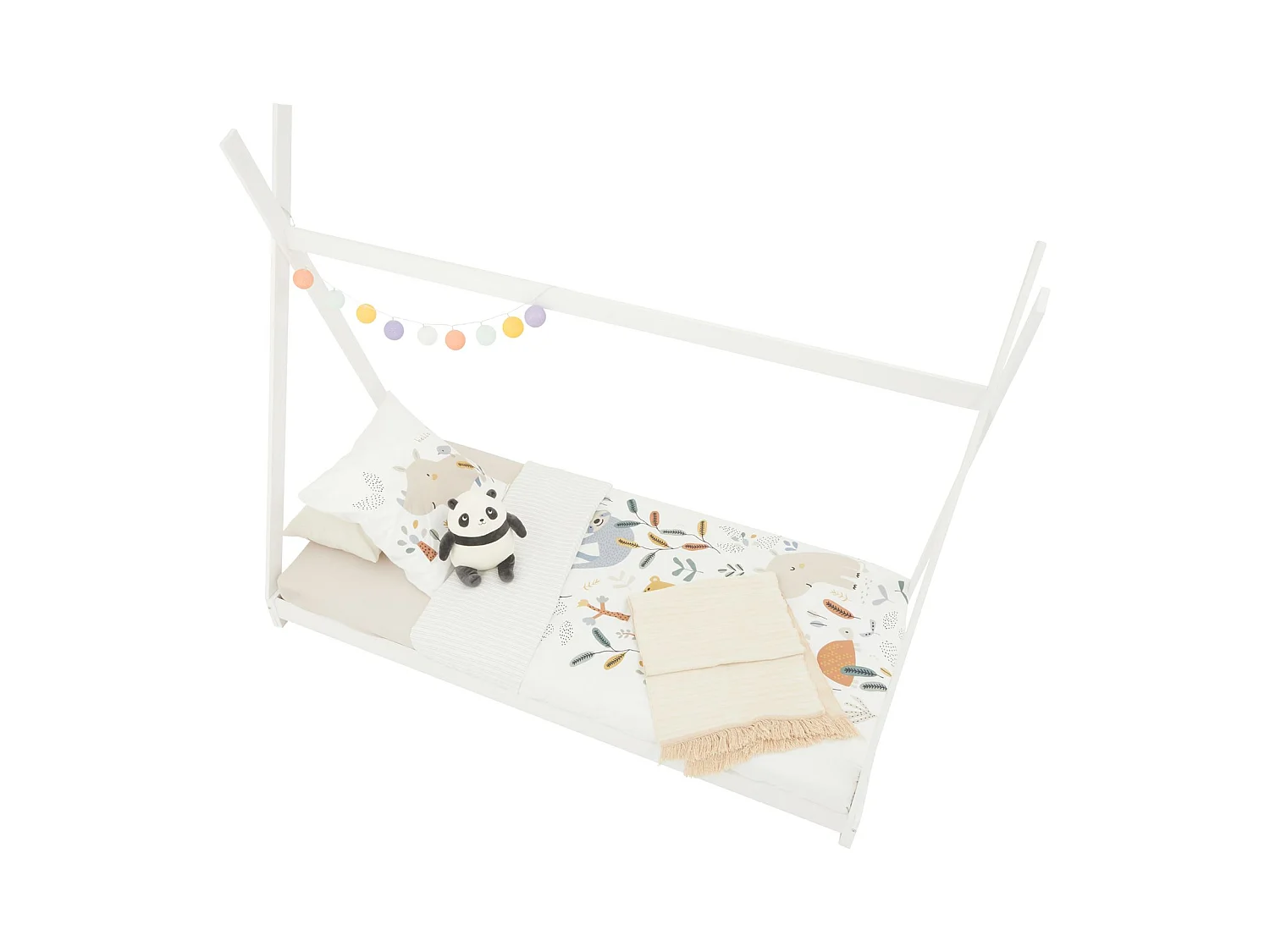 Lit tipi ELIN lit enfant simple en bois type montessori, 90 x 200 cm, en pin massif lasuré blanc
