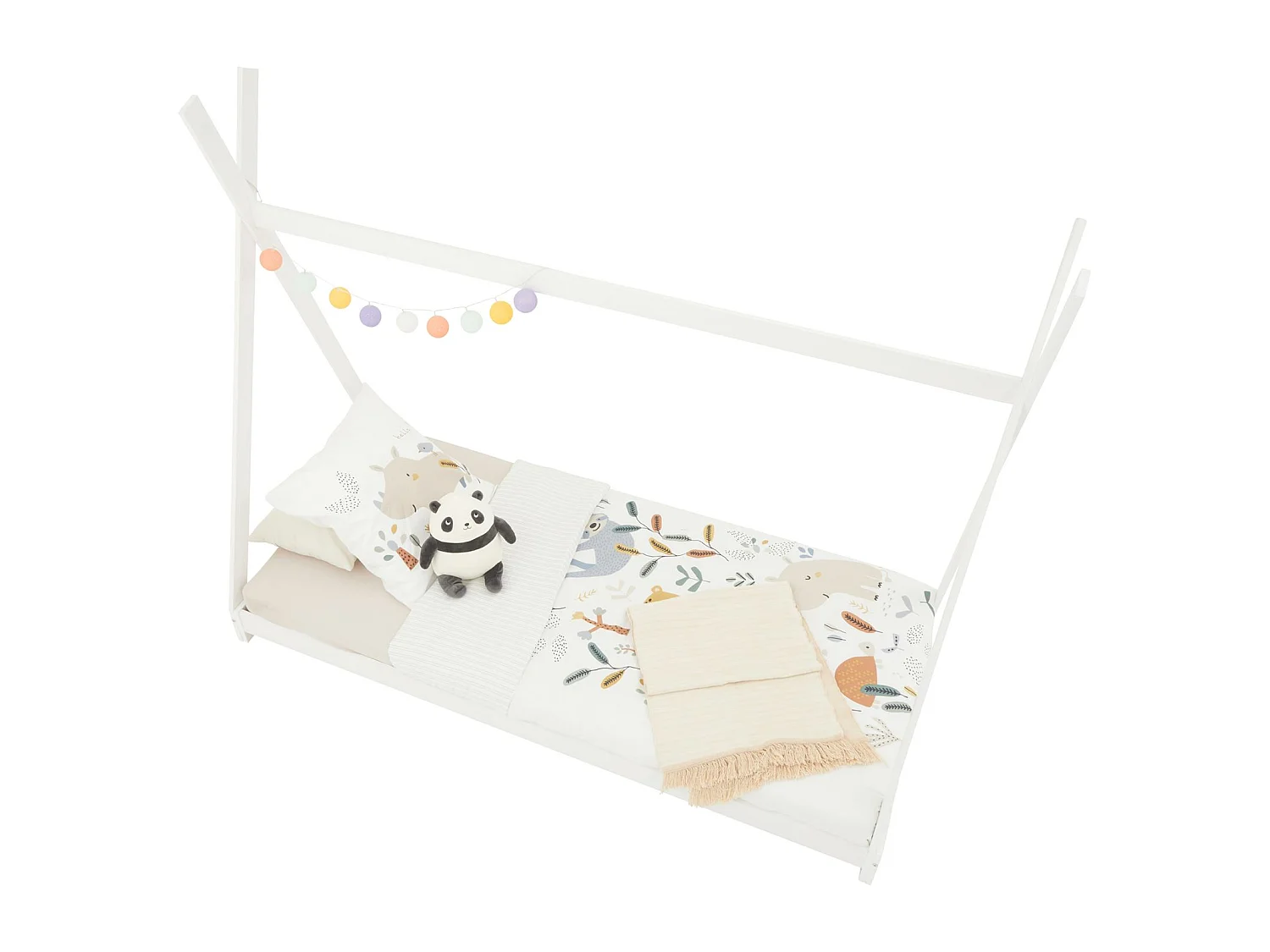 Lit tipi ELIN lit enfant simple en bois type montessori, 90 x 200 cm, en pin massif lasuré blanc