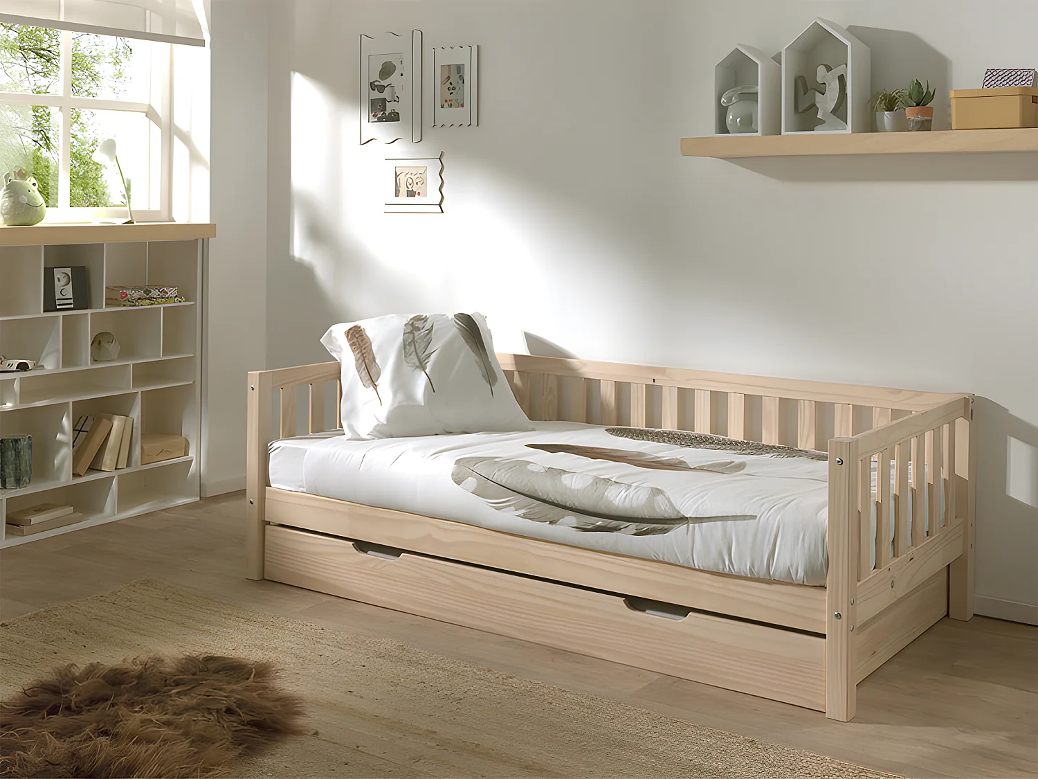 Pack - Lit Capitaine Enfant & Tiroir "Fritz" 90x200cm Naturel