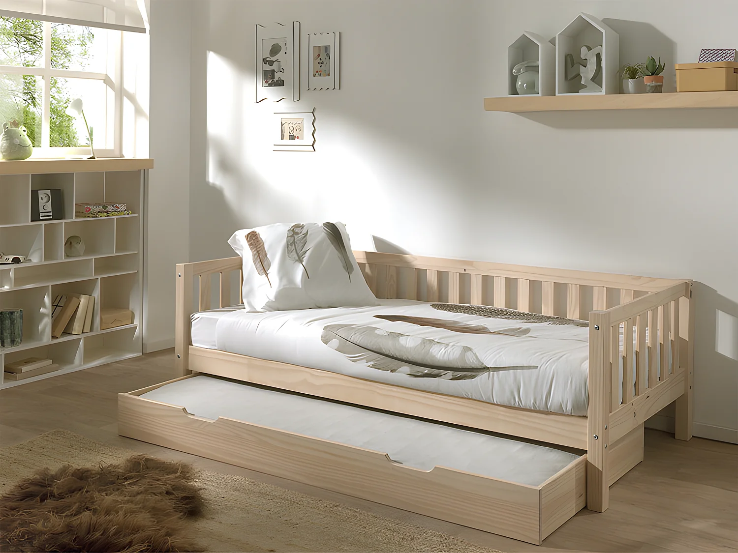 Pack - Lit Capitaine Enfant & Tiroir "Fritz" 90x200cm Naturel