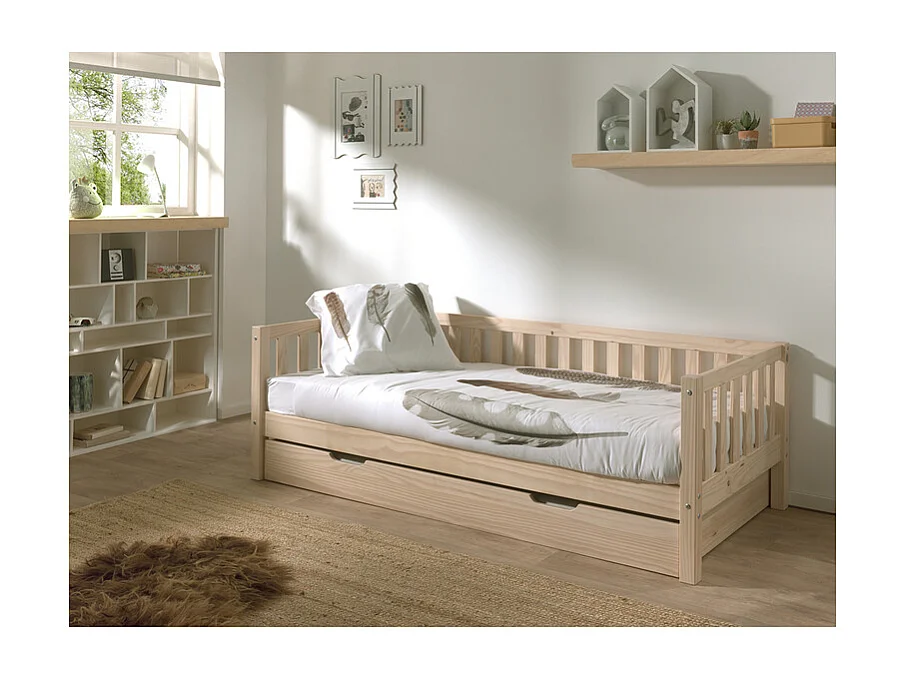 Pack - Lit Capitaine Enfant & Tiroir "Fritz" 90x200cm Naturel