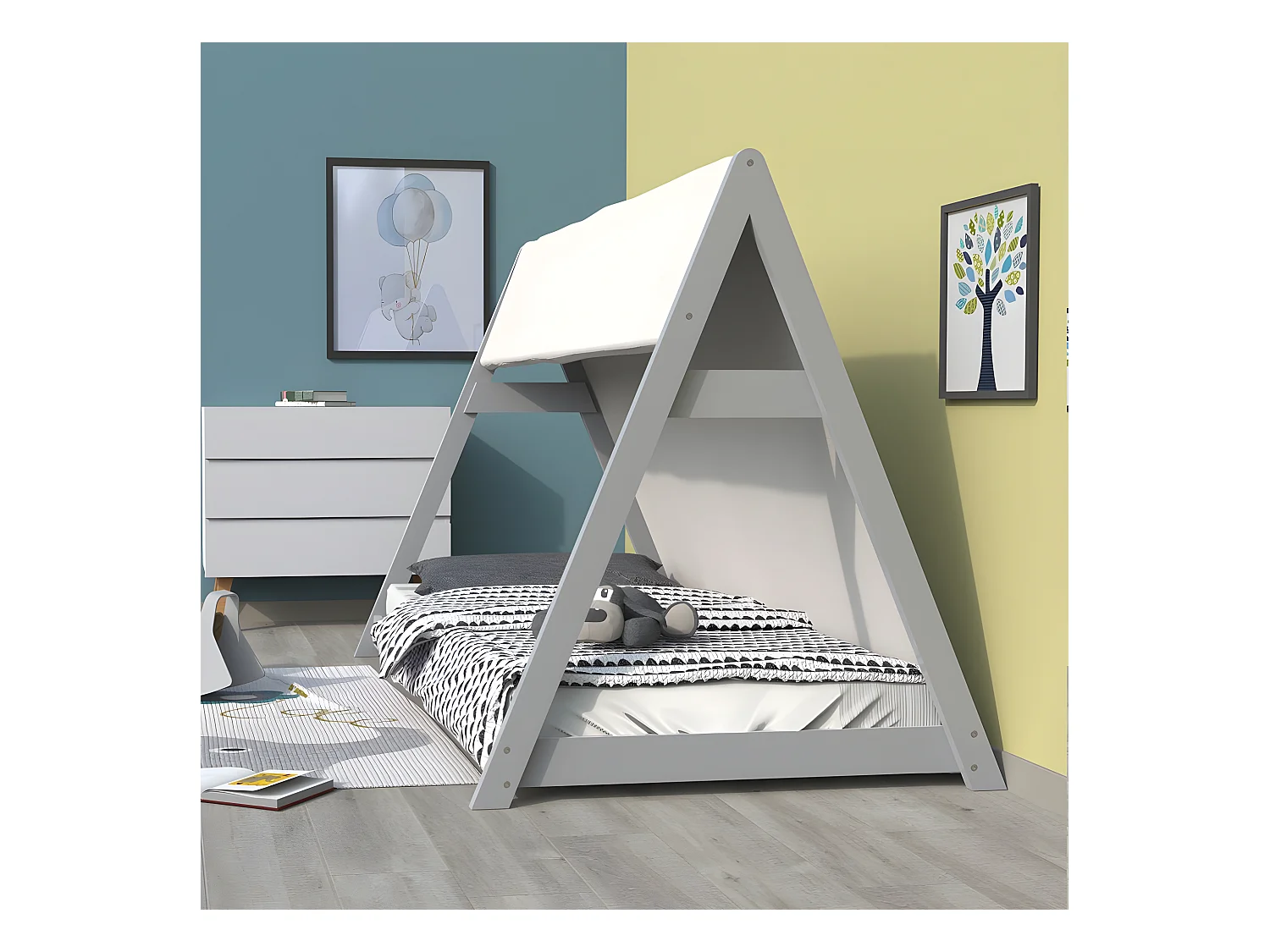 Lit cabane TIPI 90x200 + 1 toile + 1 sommier / Gris