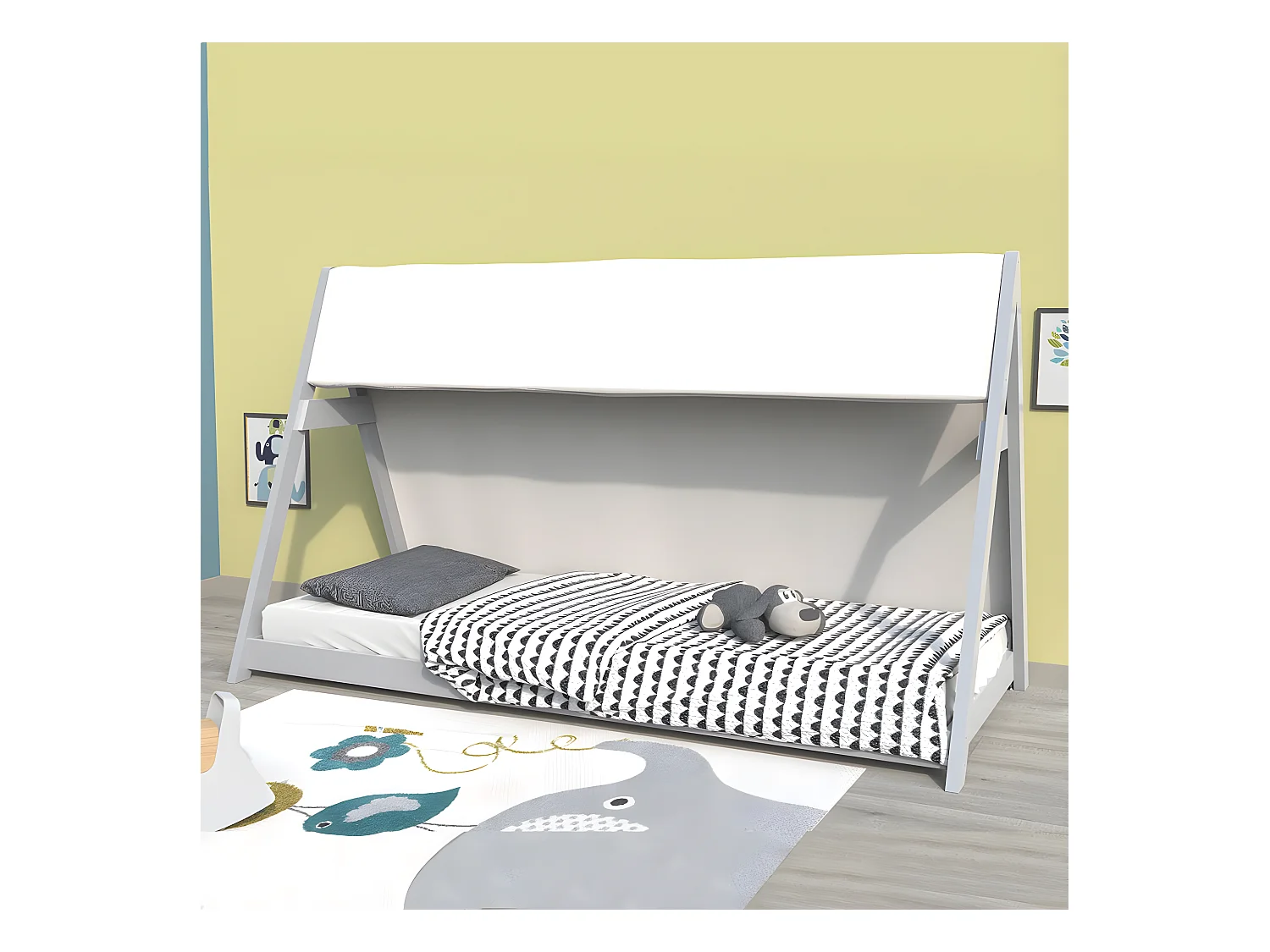 Lit cabane TIPI 90x200 + 1 toile + 1 sommier / Gris