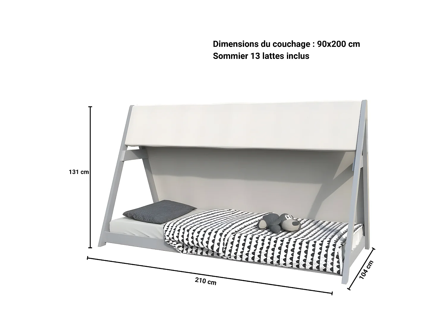 Lit cabane TIPI 90x200 + 1 toile + 1 sommier / Gris