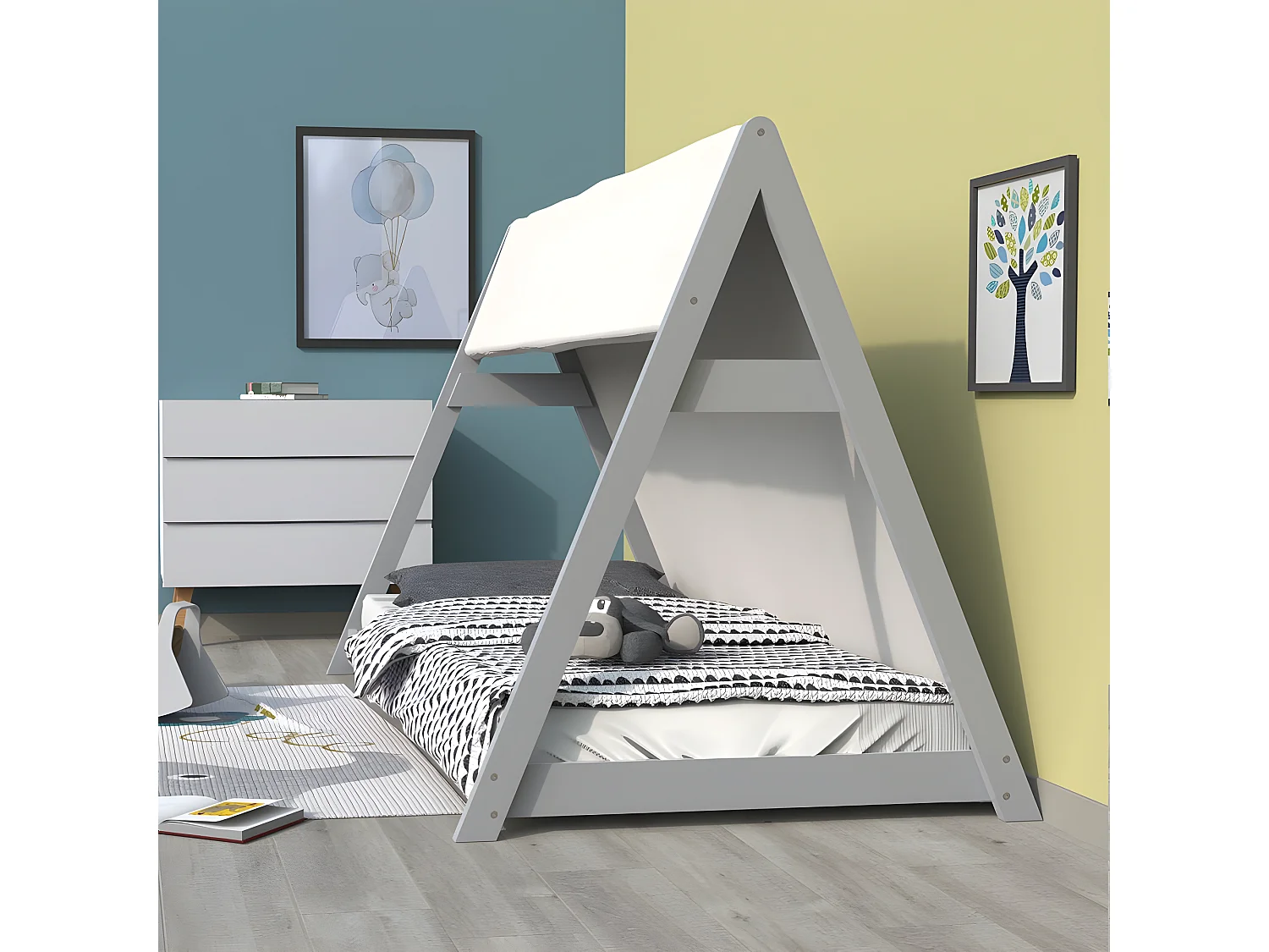 Lit cabane TIPI 90x200 + 1 toile + 1 sommier / Gris