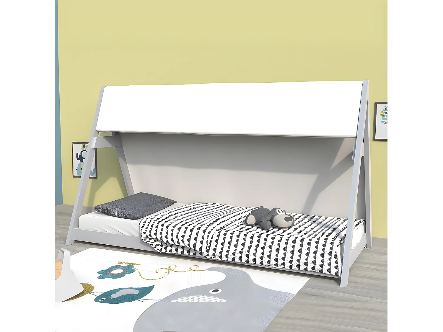 Lit cabane TIPI 90x200 + 1 toile + 1 sommier / Gris